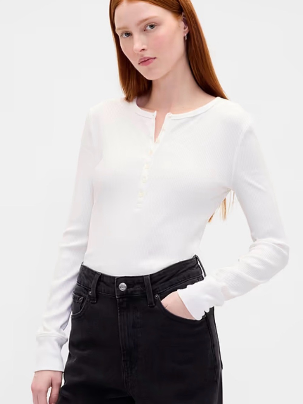 Gap Ribbed Modern Henley Long Sleeve Top in White S